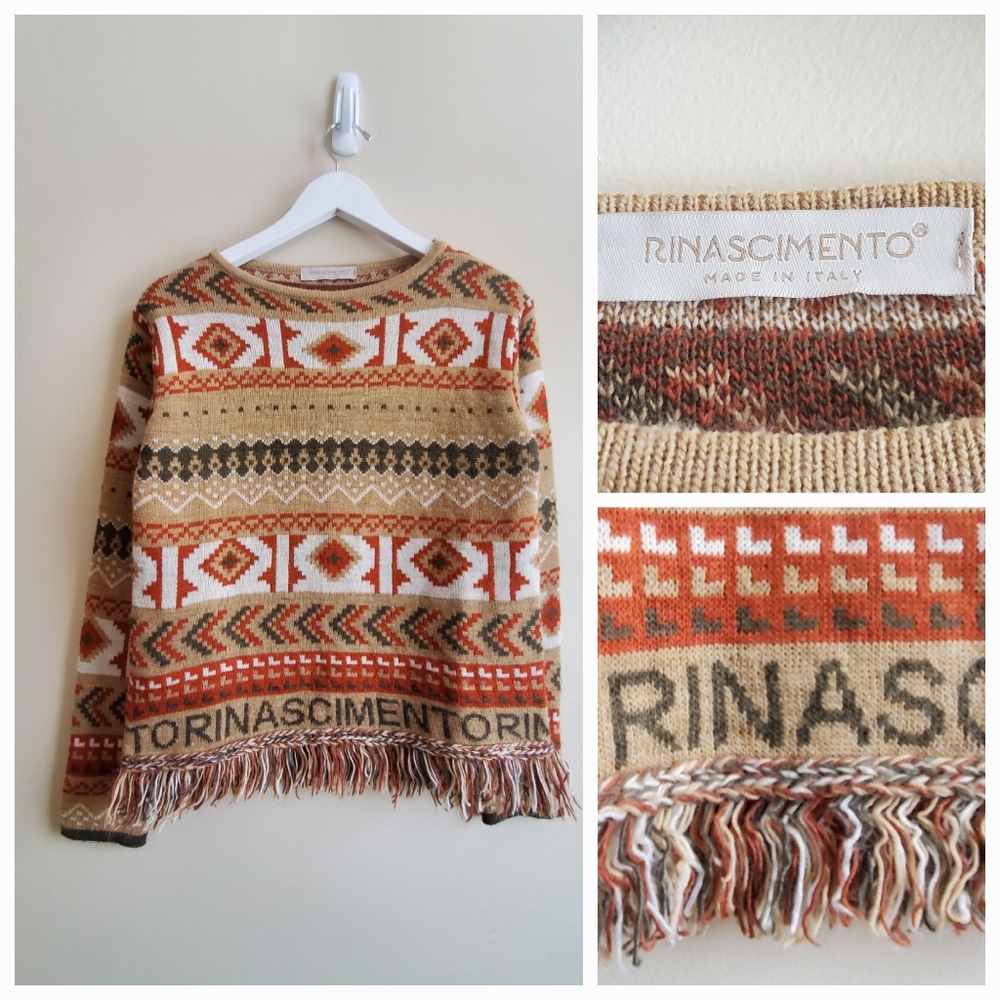 Rinascimento geometric patthern sweater with tassels bottom